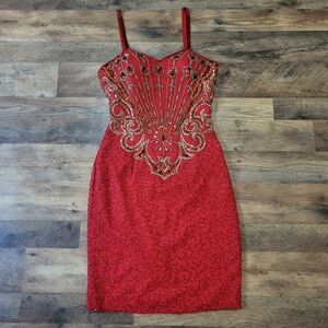 Vintage 80's Alyce Designs Red 100% Silk Beaded Bodycon Dress Size 8
